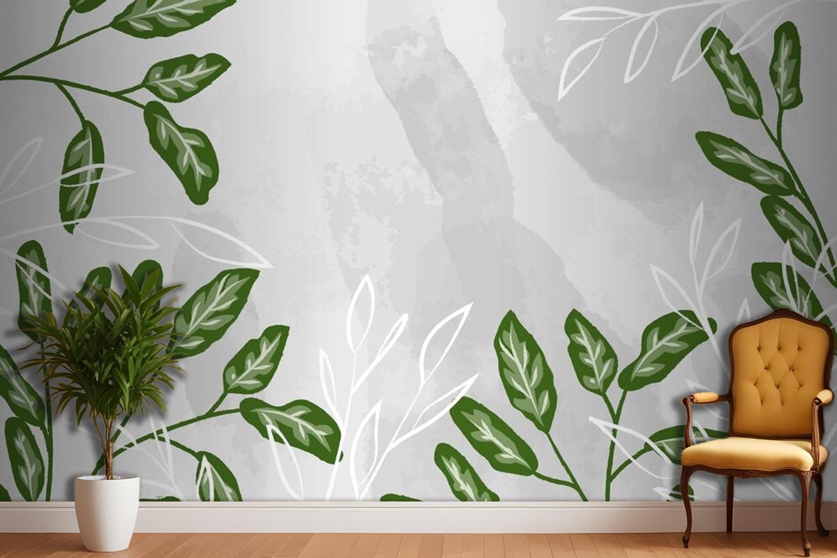 Detailed Leaves With Watercolor Living Room Wallpaper Mural