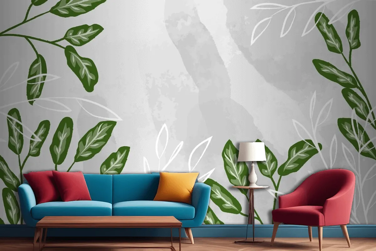 Detailed Leaves With Watercolor Living Room Wallpaper Mural