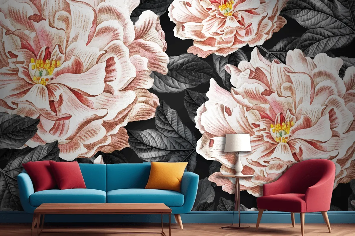 Floral Blooming Peony Living Room Wallpaper Mural