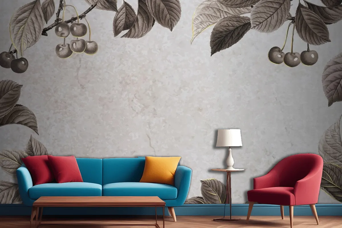 Hand Drawn Cherry Patterned Frame Living Room Wallpaper Mural