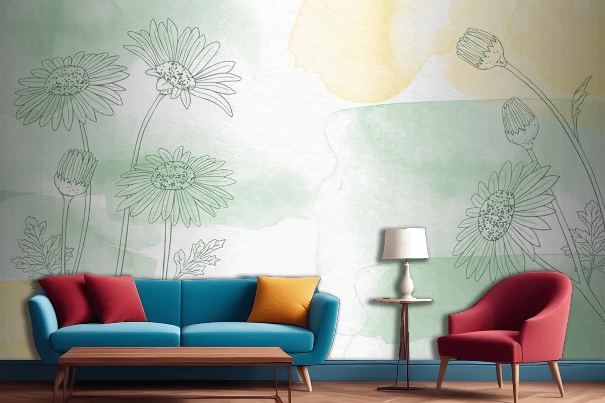 Hand Painted Background With Drawn Flowers Living Room Wallpaper Mural