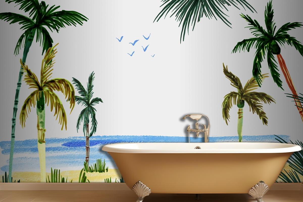 Hand Painted Watercolor Summer Bathroom Wallpaper Mural