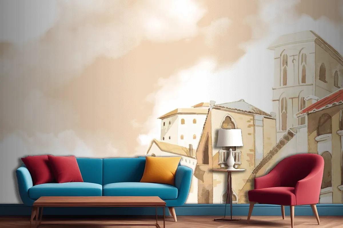 Mediterranean City Building Exterior Water Color Style Living Room Wallpaper Mural