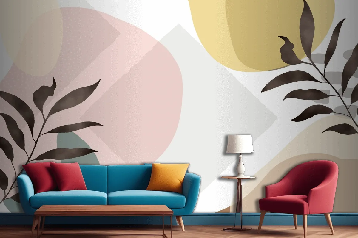 Minimal Hand Drawn Background With Plants Living Room Wallpaper Mural