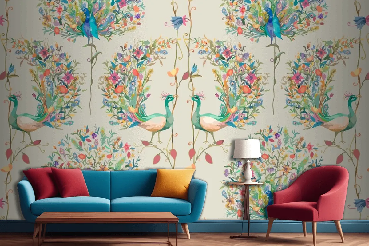 Pattern Background With Watercolor Peacock And Flower Living Room Wallpaper Mural