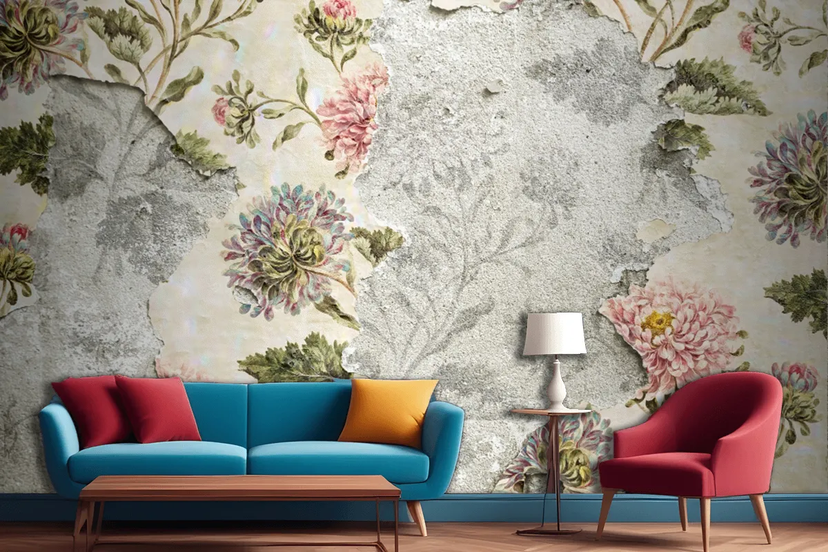 Peeling Floral Wallpaper On Concrete Wallpaper Mural