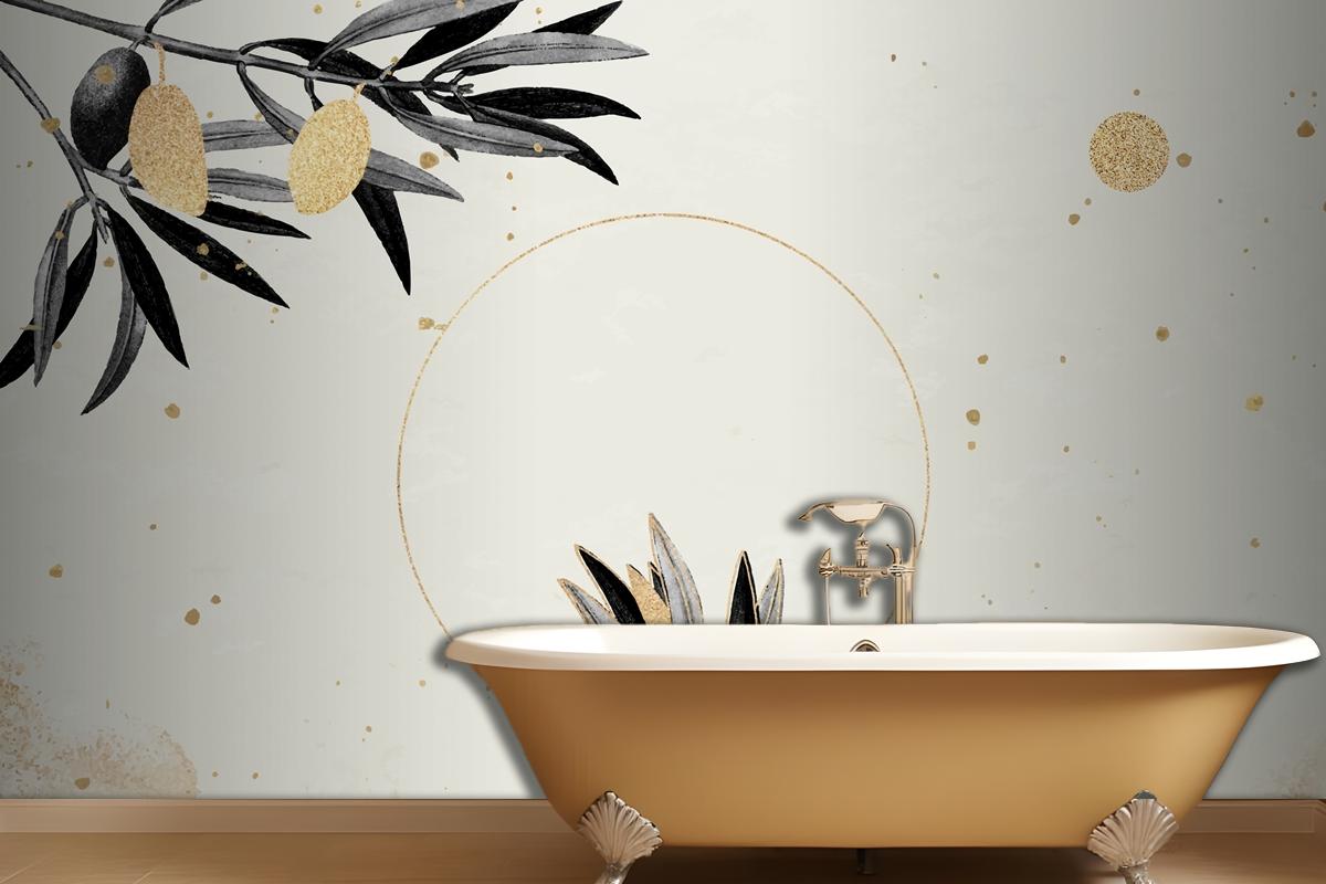 Round Gold Frame With Olive Branches Wallpaper Mural