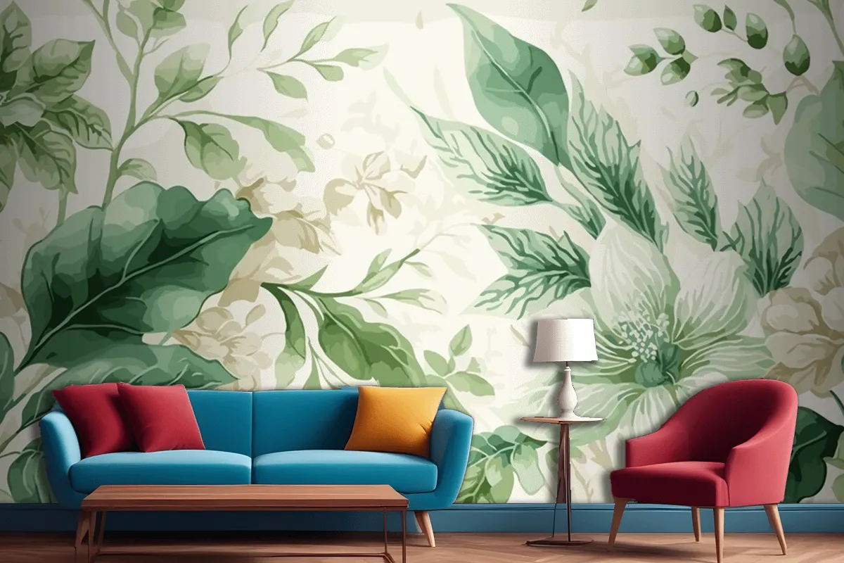 Seamless Watercolor Green And Beige Floral Pattern Living Room Wallpaper Mural