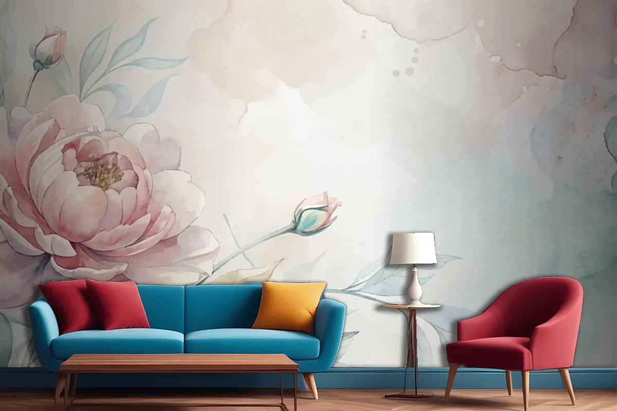 Soft Pastel Floral Watercolor Living Room Wallpaper Mural