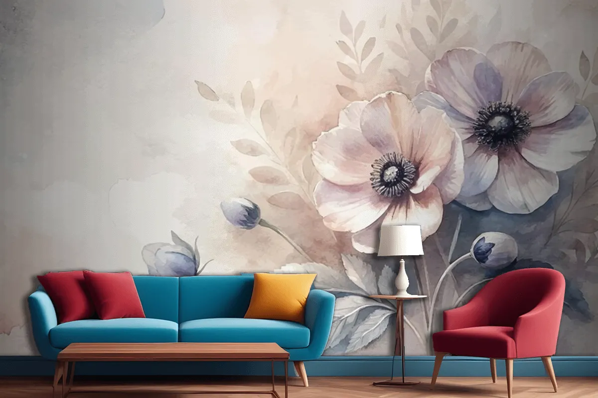 Vintage Anemones Flower Watercolor Background Living Room Wallpaper Mural