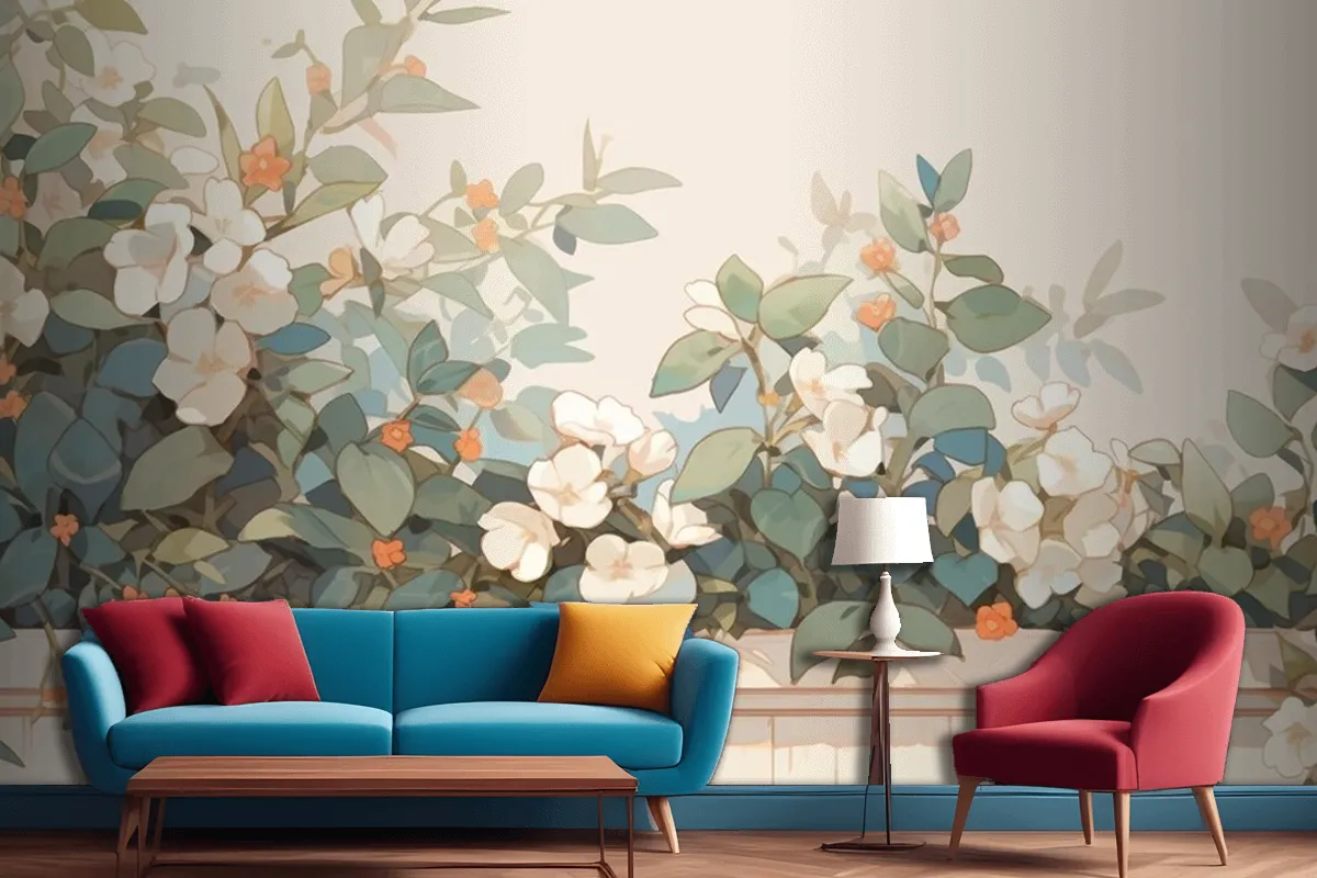 Watercolor Vintage Hoya Theme Complementary Colors Living Room Wallpaper Mural