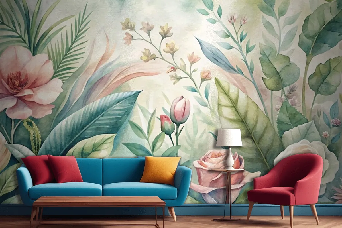 Watercolor Backgrounds Of Various Botanicals And Flowers Living Room Wallpaper Mural