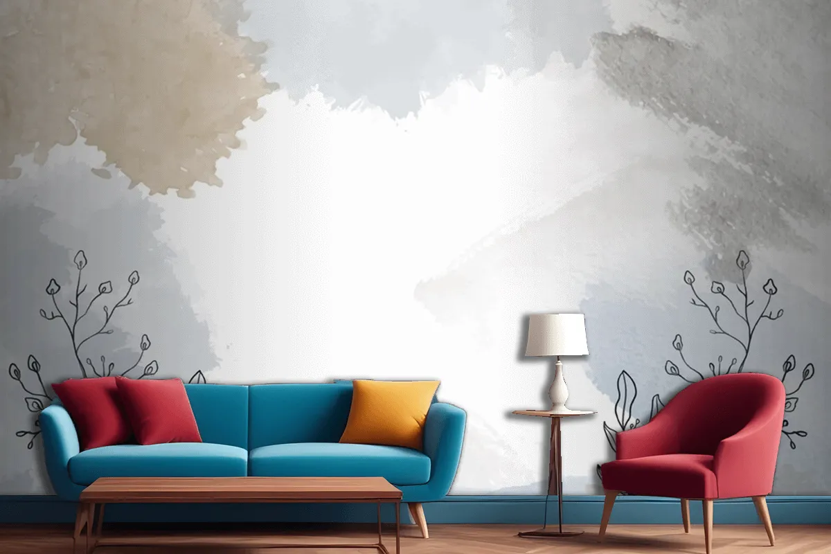 Watercolor Hand Drawn Background With Plants Living Room Wallpaper Mural