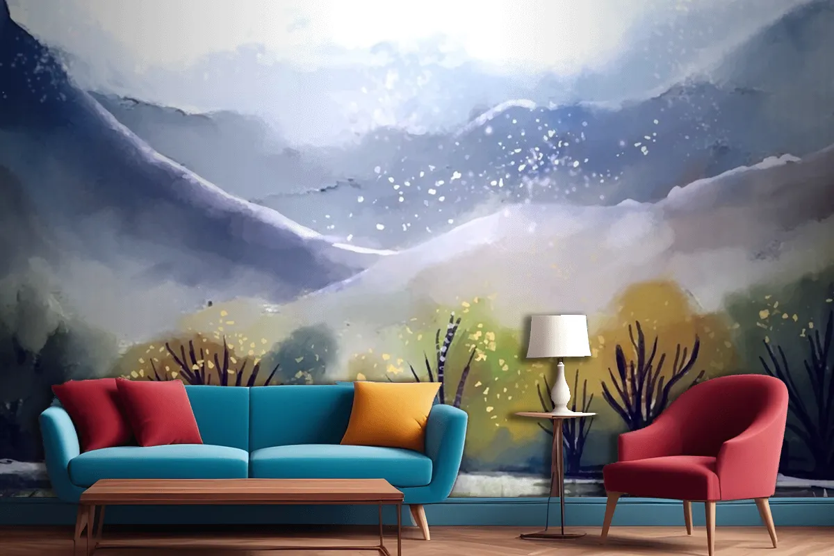 Watercolor Mountain Landscape Living Room Wallpaper Mural