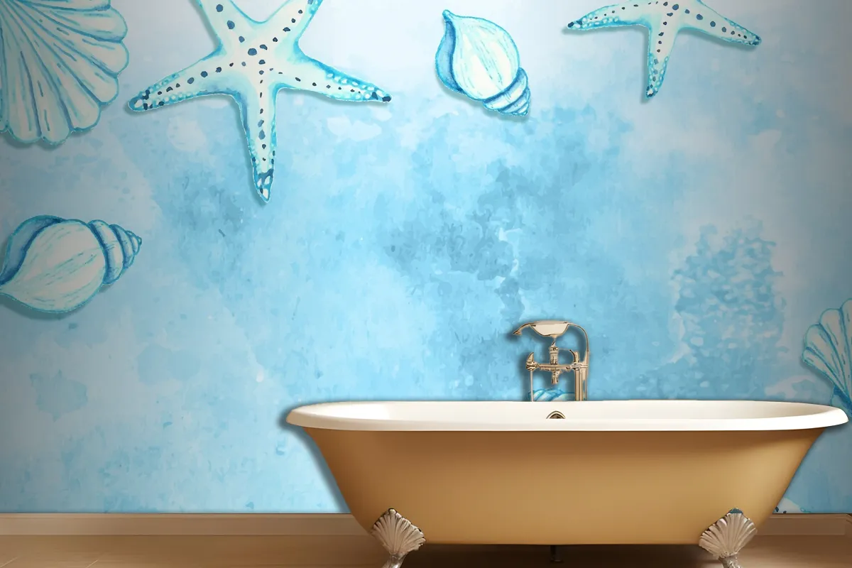 Watercolor Summer Background With Starfish And Shells Wallpaper Mural