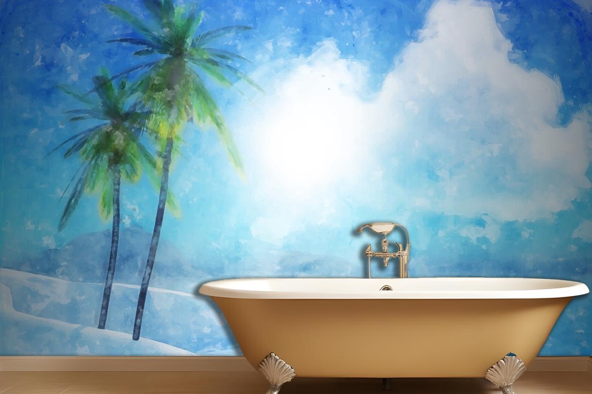 Watercolor Summer Tropical Bathroom Wallpaper Mural