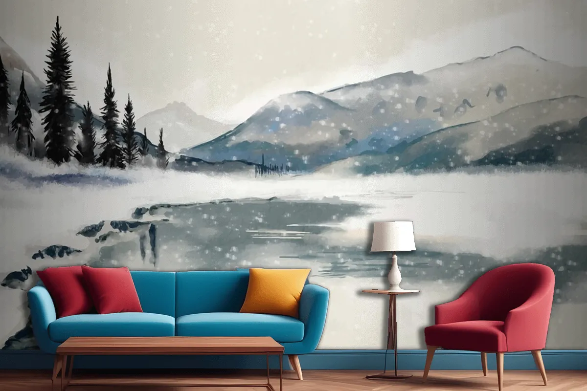 Watercolor Winter Landscape Living Room Wallpaper Mural