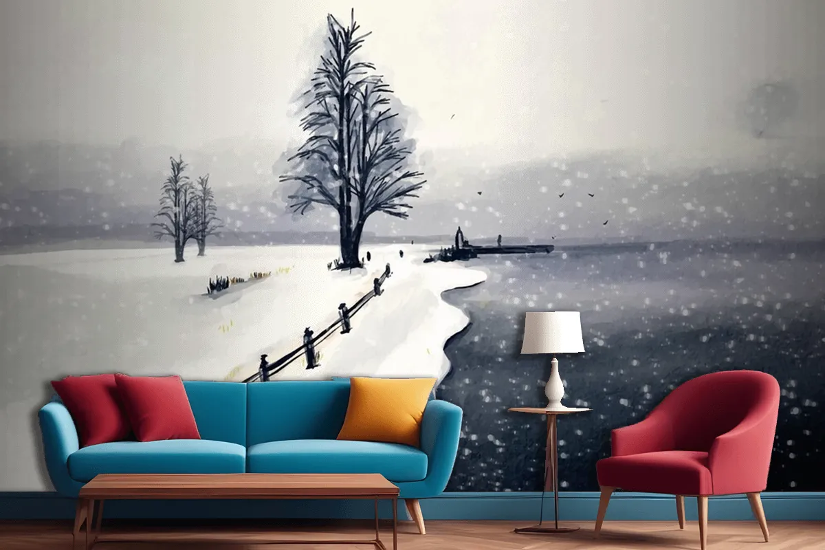 Watercolor Winter Landscape Wallpaper Mural