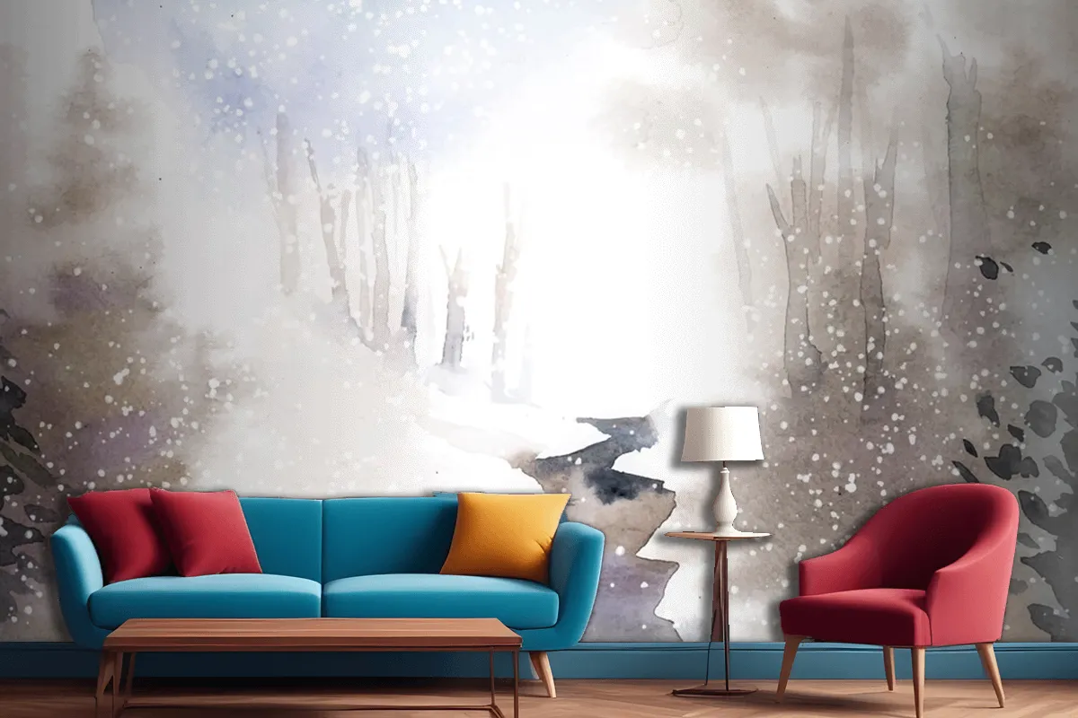 Winter Wonderland Landscape Painted By Watercolor Living Room Wallpaper Mural