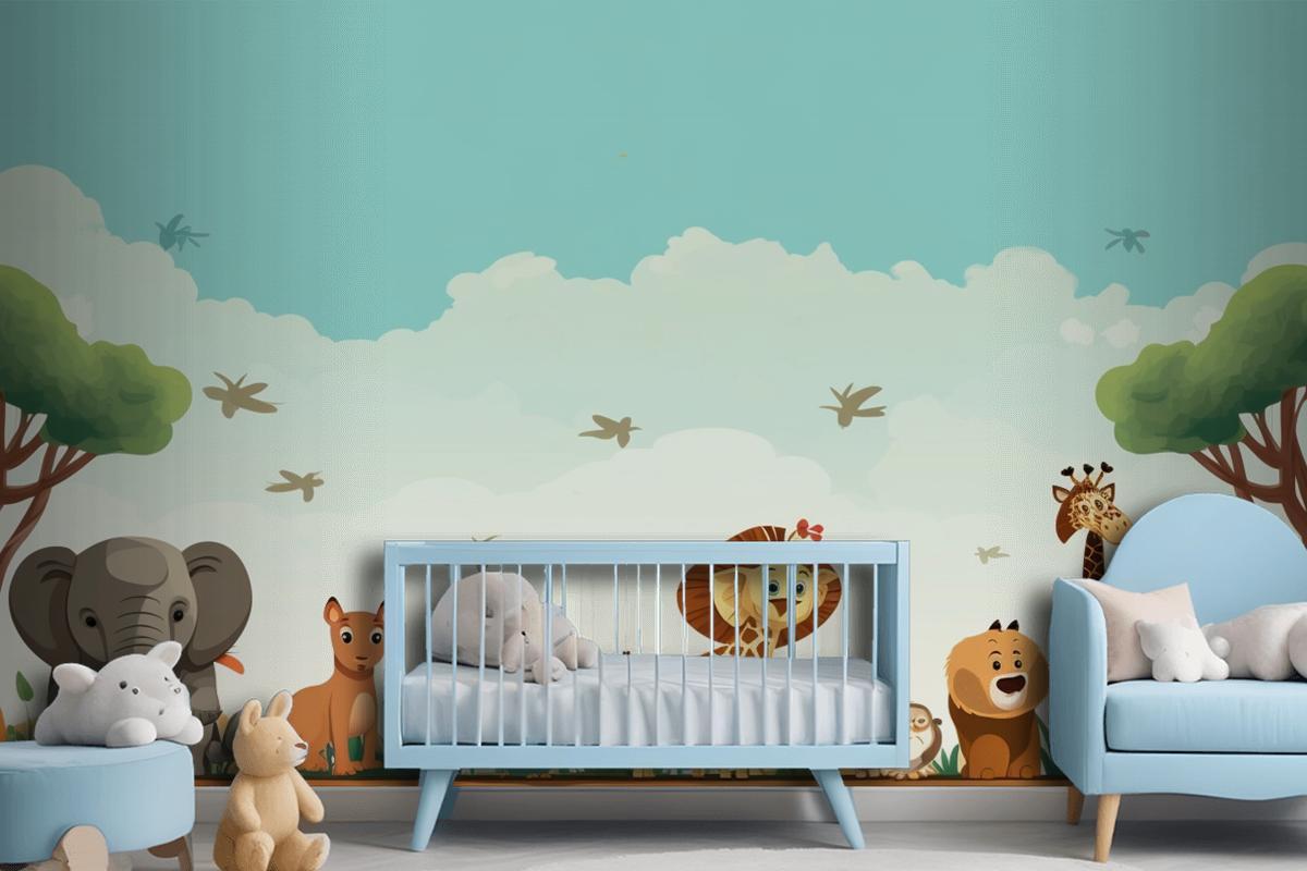 A Cartoon Of Giraffes And Giraffes In A Field With Animals Wallpaper Mural