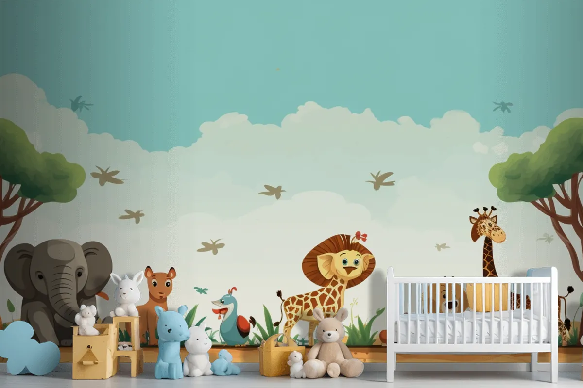 A Cartoon Of Giraffes And Giraffes In A Field With Animals Wallpaper Mural