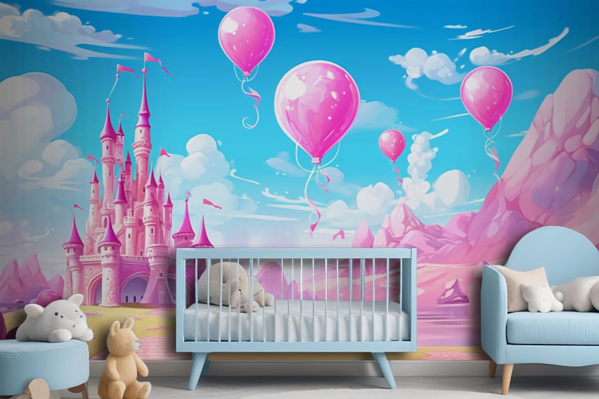 A Castle With Balloons And A Castle In The Background Wallpaper Mural