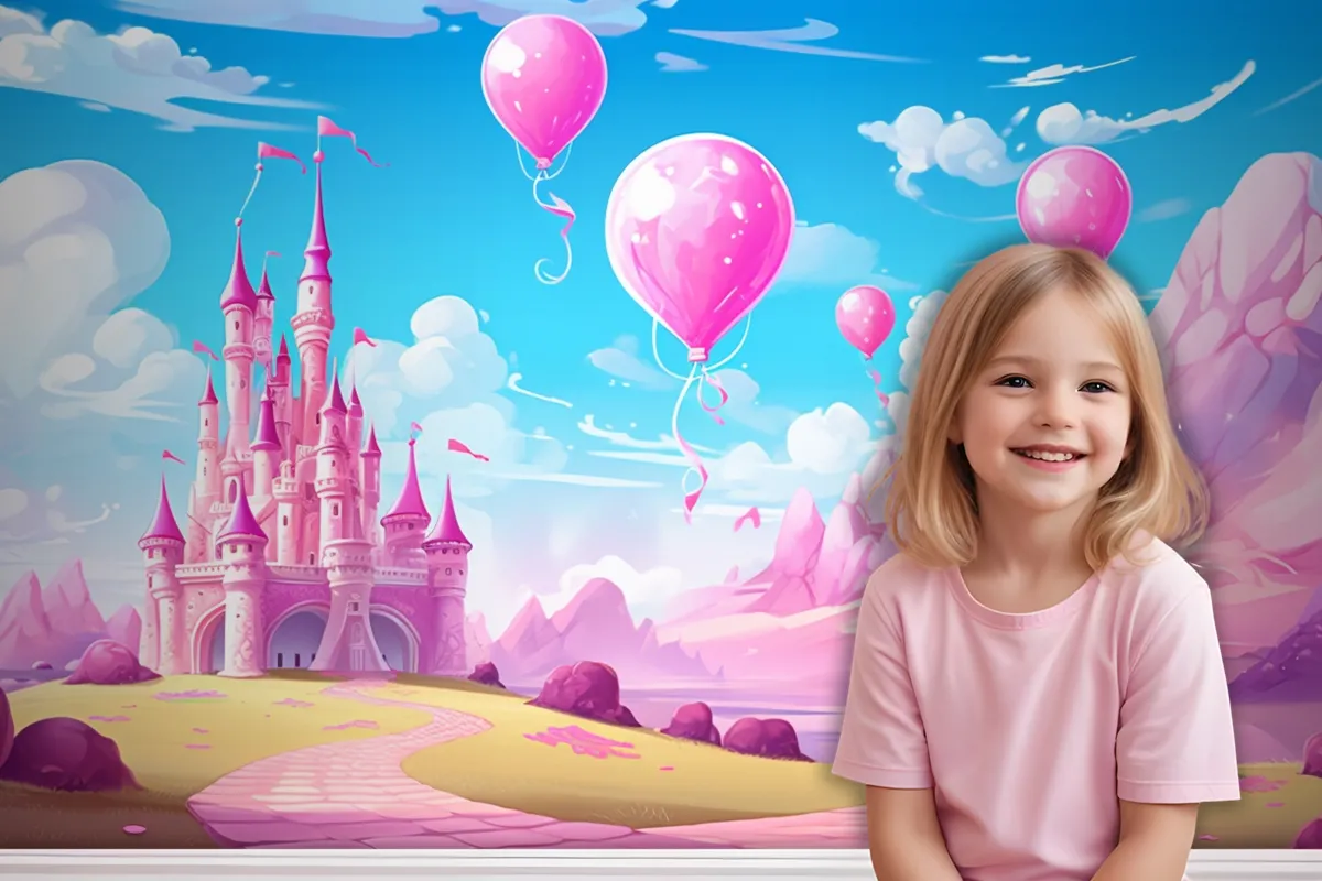 A Castle With Balloons And A Castle In The Background Wallpaper Mural