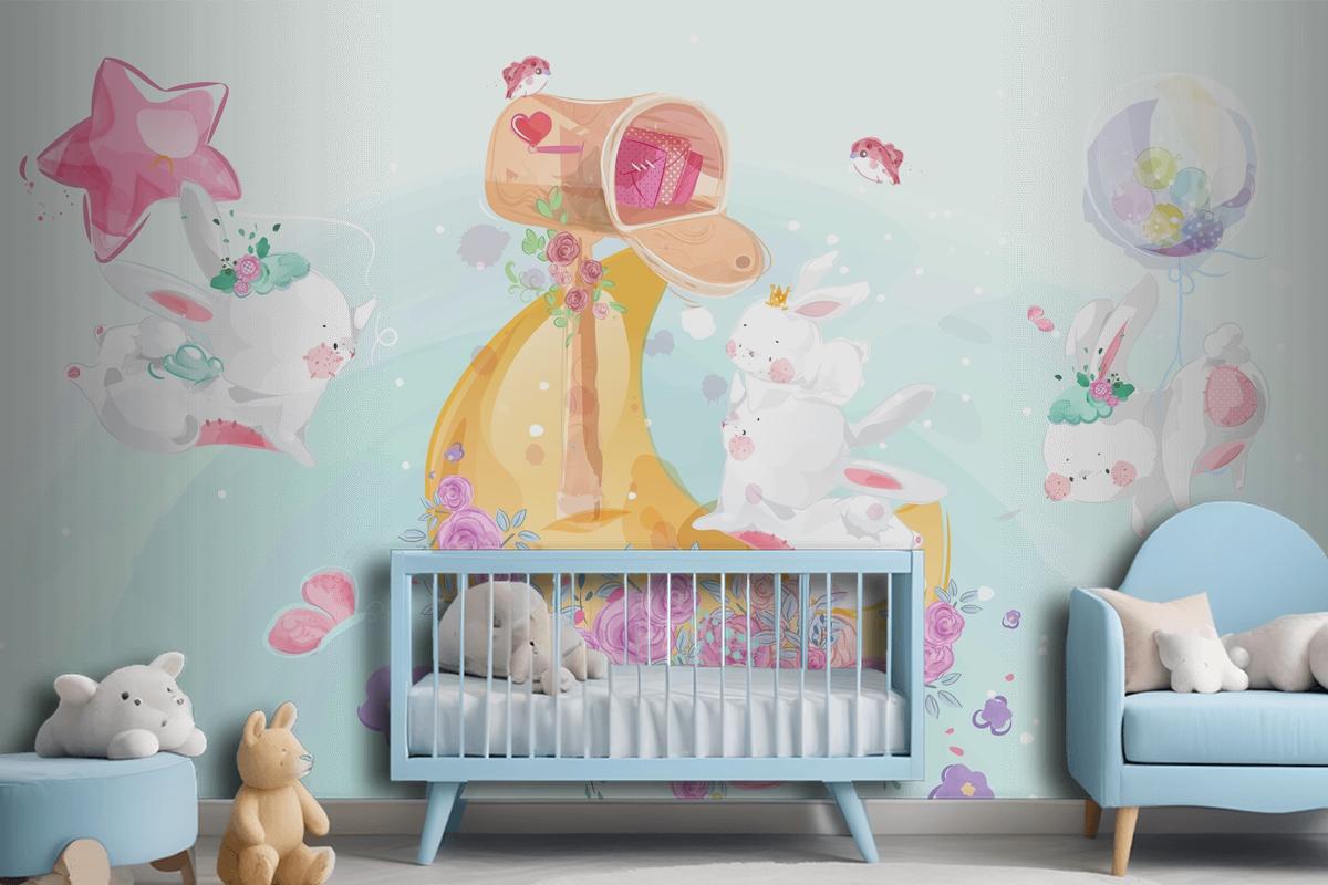 A Cute Little Rabbit In Colorful Watercolor Style Wallpaper Mural