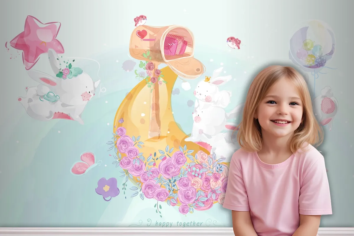 A Cute Little Rabbit In Colorful Watercolor Style Wallpaper Mural