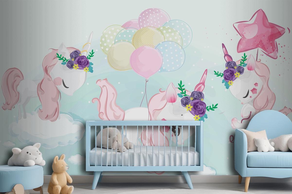 A Cute Little Unicorn In Colorful Watercolor Style Wallpaper Mural