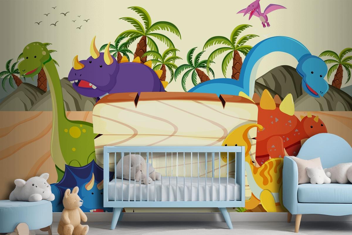 A Dinosaur Wooden Board Template Wallpaper Mural