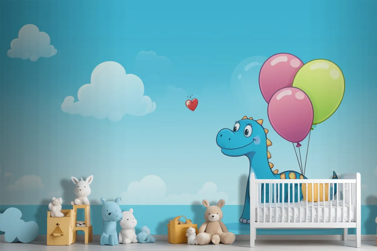 A Dragon With Balloons In The Sky And A Heart In The Wallpaper Mural