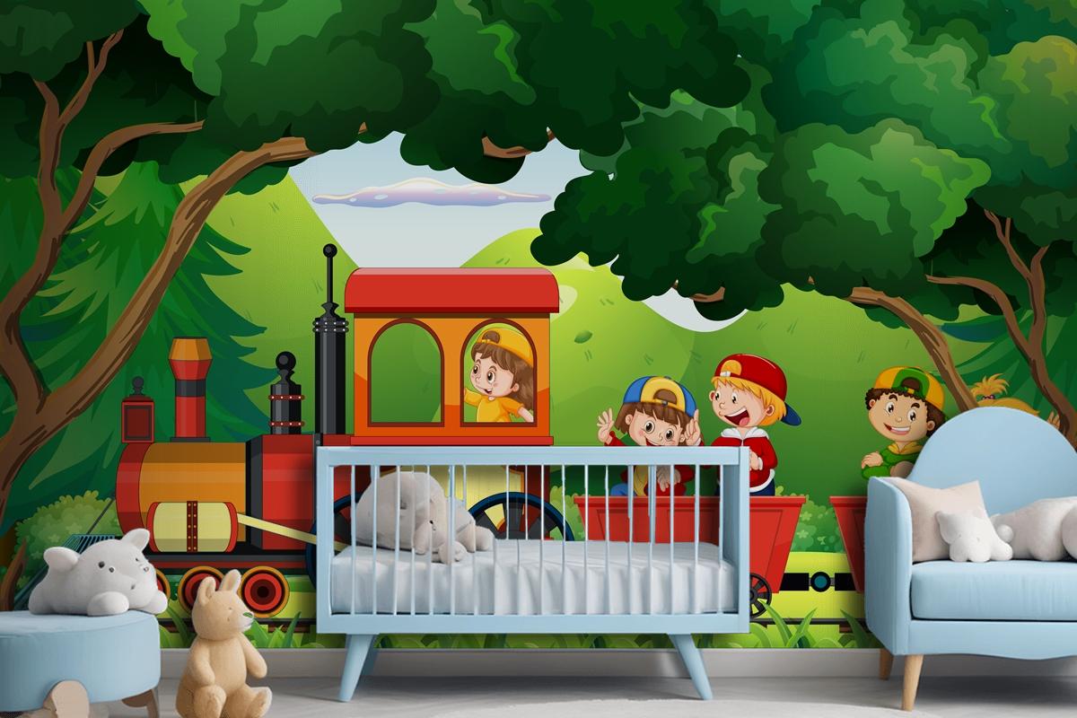 A Kids In A Train With Natural Scene Wallpaper Mural