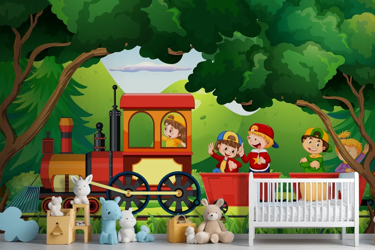 A Kids In A Train With Natural Scene Wallpaper Mural