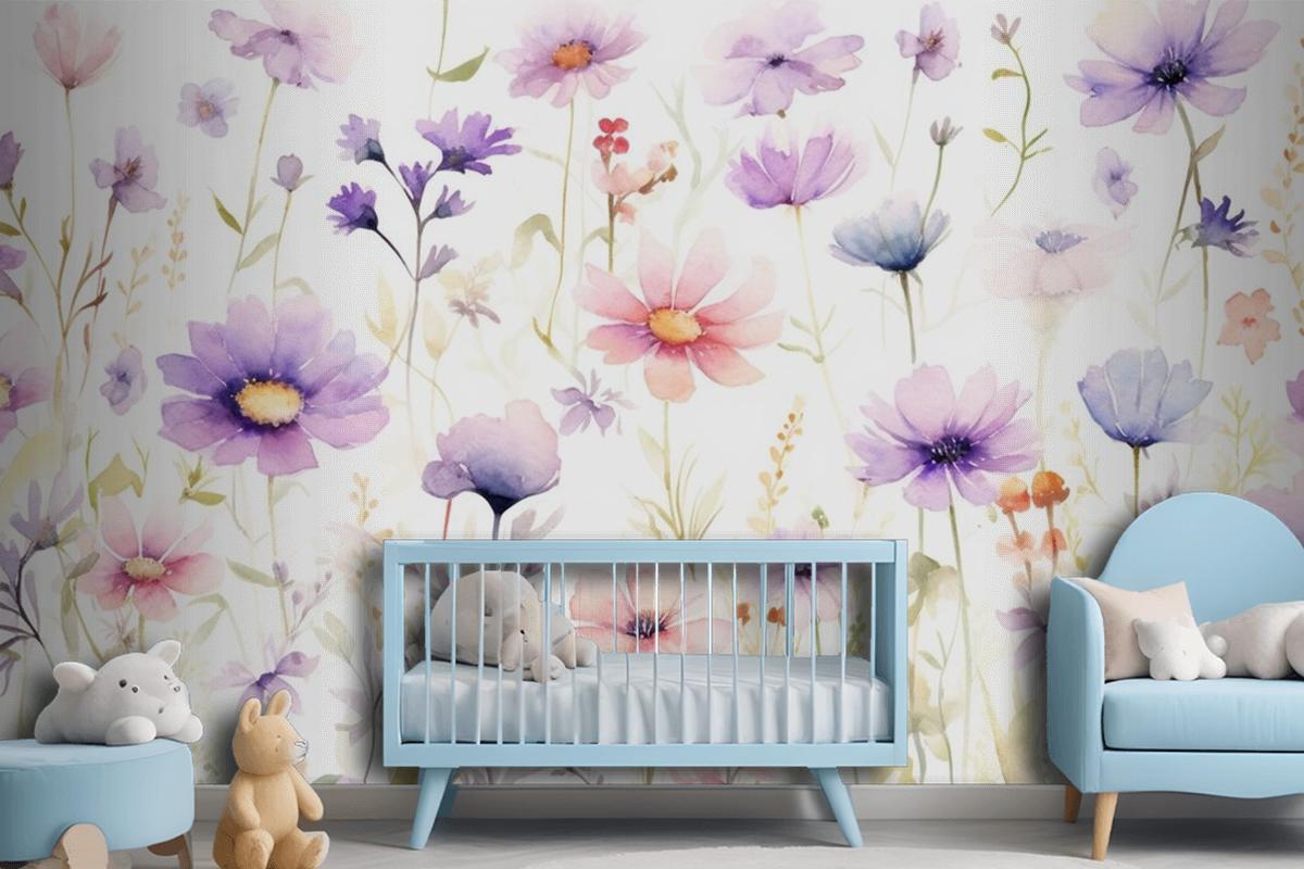 A Painting Of A Bunch Of Flowers On A White Background Wallpaper Mural