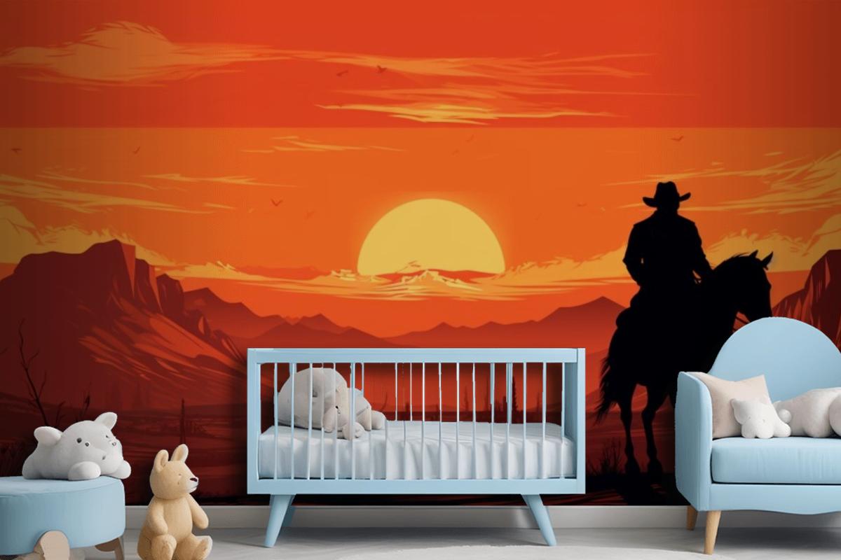 A Painting Of A Cowboy Riding A Horse In Front Of A Sunset Wallpaper Mural