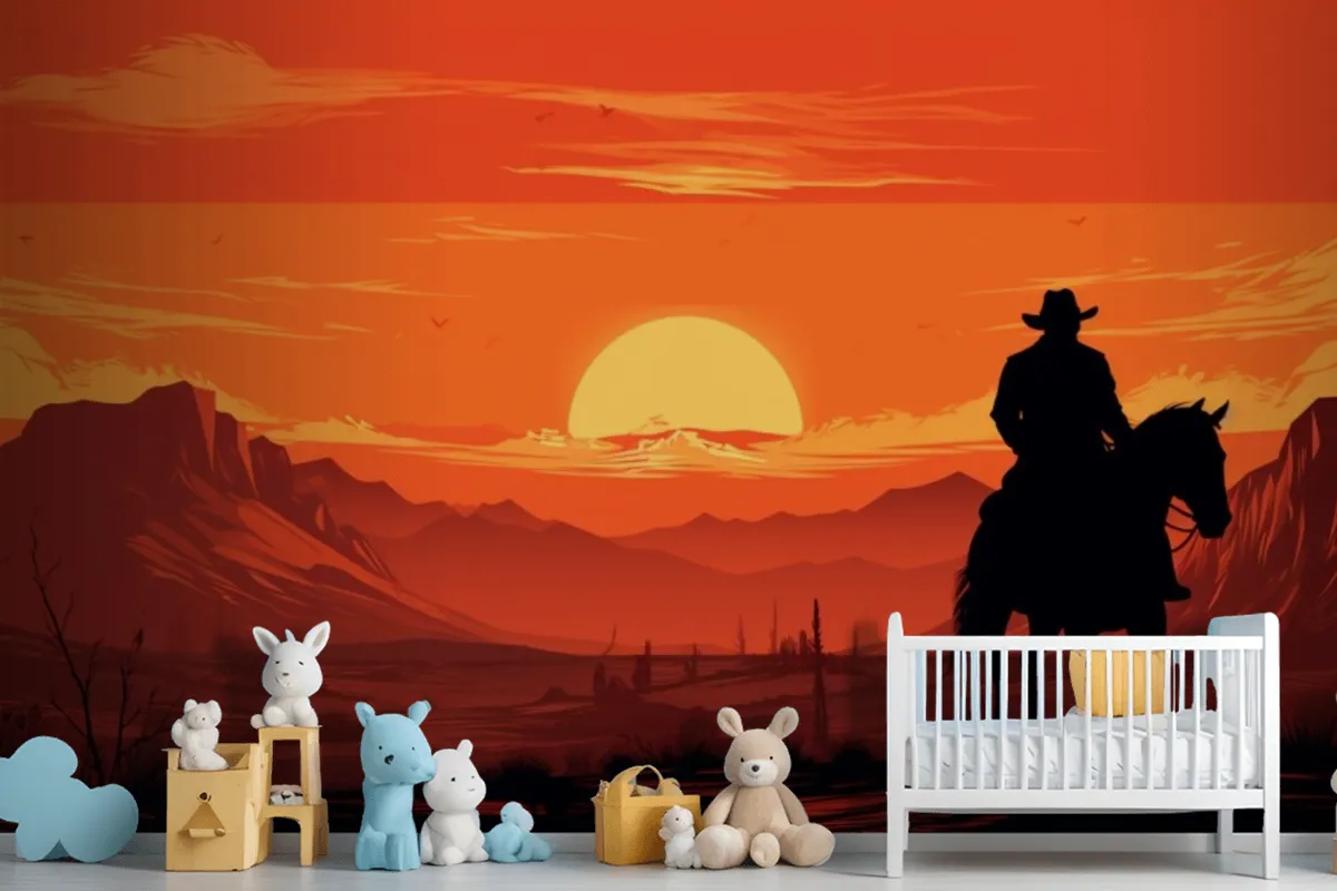 A Painting Of A Cowboy Riding A Horse In Front Of A Sunset Wallpaper Mural