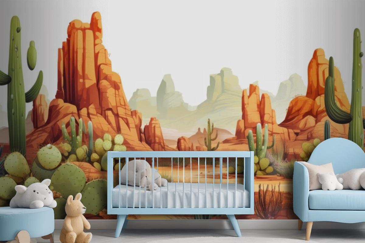 A Painting Of A Desert Landscape With Cactus And Desert Landscape Wallpaper Mural