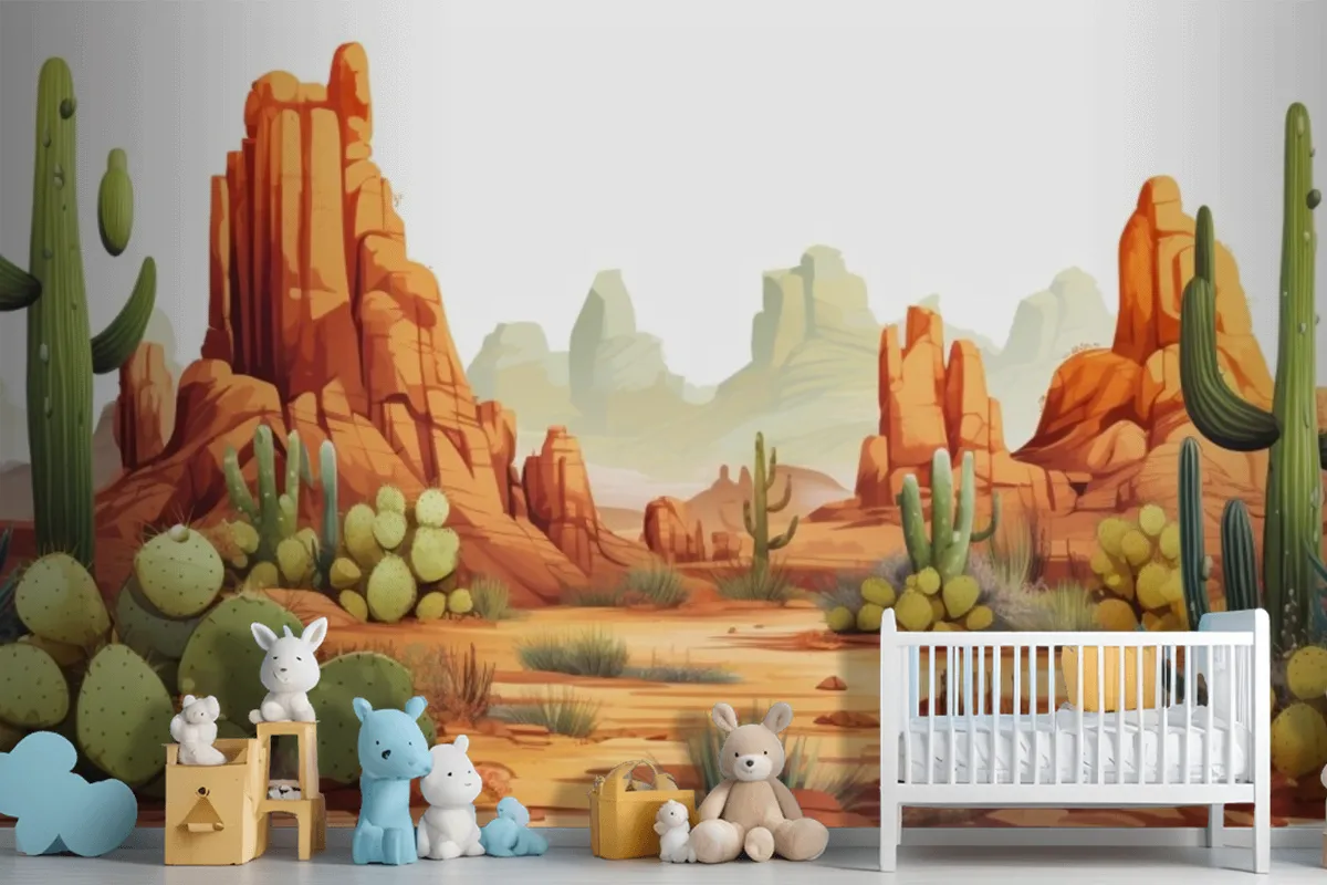 A Painting Of A Desert Landscape With Cactus And Desert Landscape Wallpaper Mural