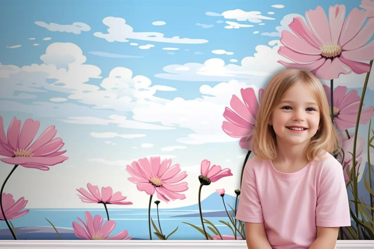 A Painting Of Pink Flowers In The Sky With The Words Daisies Wallpaper Mural