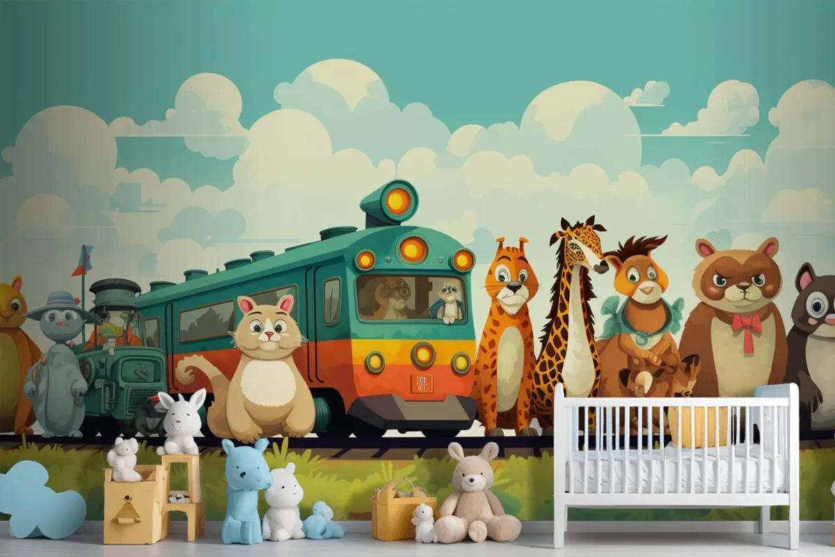 A Train With Animals On The Top And A Train With The Words Giraffes On The Front Wallpaper Mural