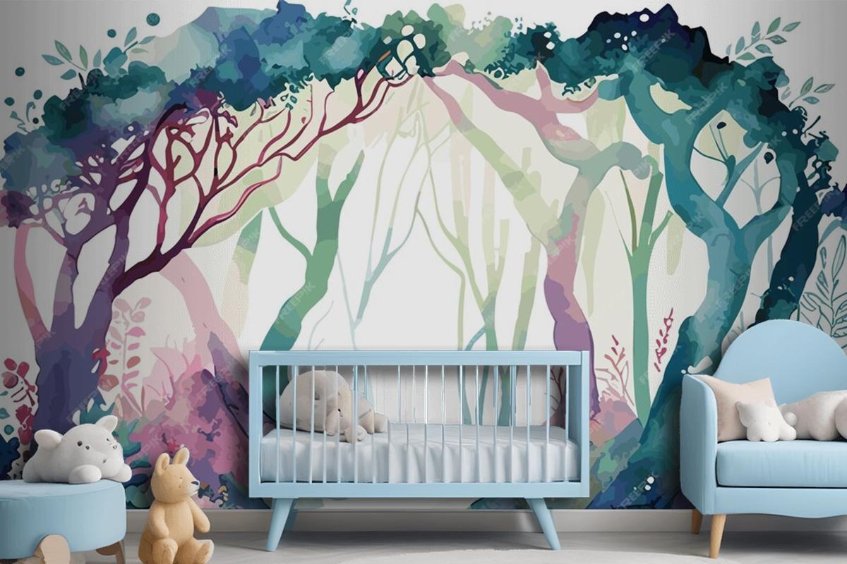 A Watercolor Painting Of A Forest With A Path Leading To It Wallpaper Mural