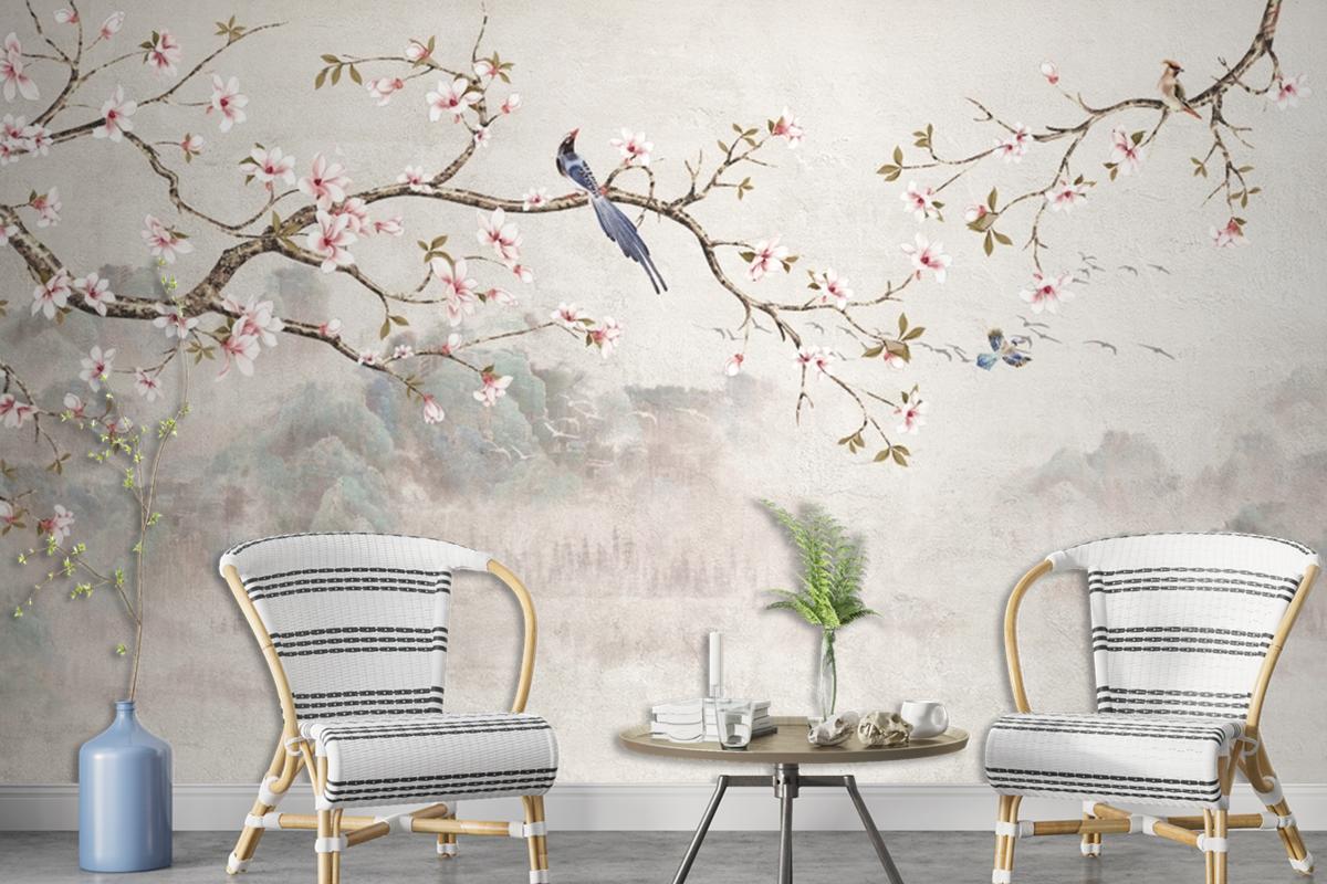 Chinoiserie With Cherry Blossom Flowers And Bird Wallpaper Mural