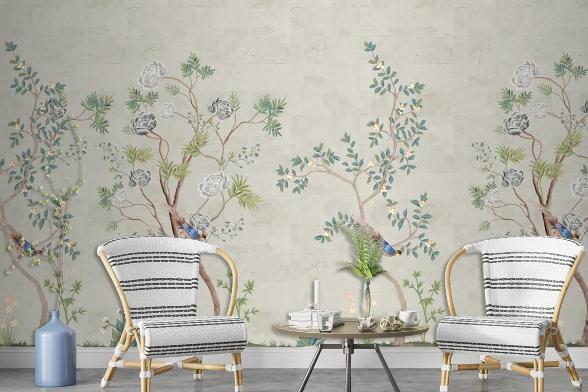 Spring Seamless Background Tree And Bird Chinoiserie Beautiful Wallpaper Mural