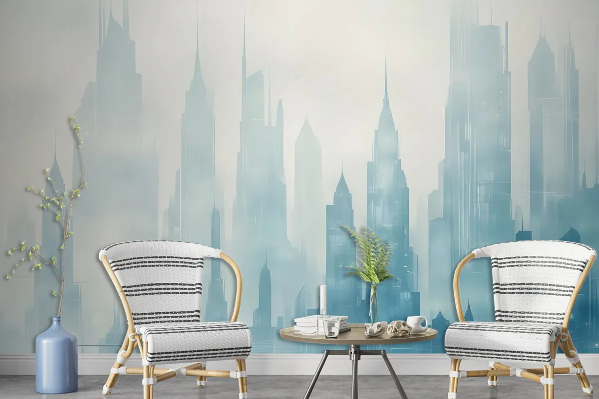 Abstract Blue Monochrome City Landscape Wallpaper Mural