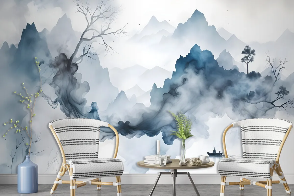 Abstract Colorful Smoke With Tree Wallpaper Mural