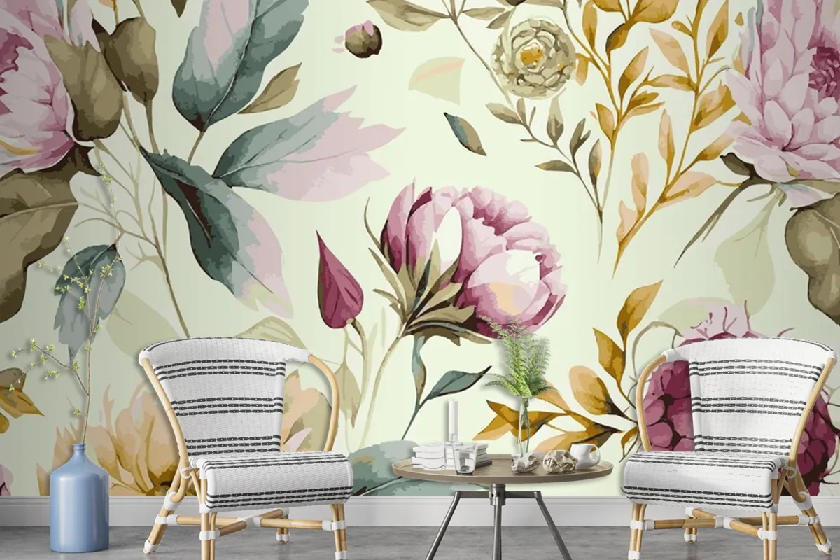 Abstract Floral Art Background Template Botanical Watercolor Wallpaper Mural