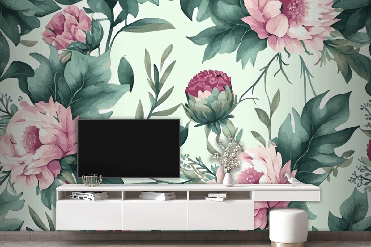 Abstract Floral Art  Botanical Watercolor Hand Drawn Flowers Wallpaper Mural