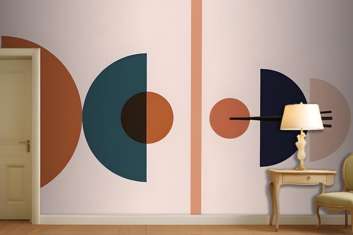 Abstract Geometric Shapes In Various Shades Of Blue Orange And Brown Against A Light Pink Wallpaper Mural