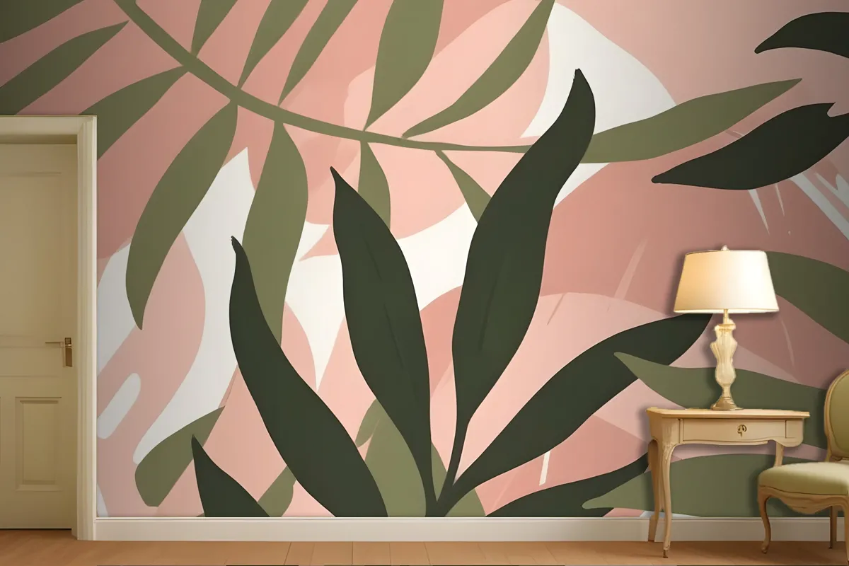 Abstract Tropical Leaves In Shades Of Green And Pink On A Light Wallpaper Mural